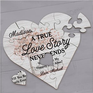 Personalized A true Love Story Never Ends Heart Shaped 23 piece Wood Jigsaw Puzzle