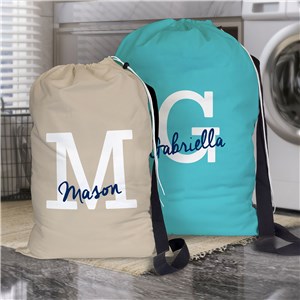 Personalized Block Initial and Script Name with color background Laundry Bag