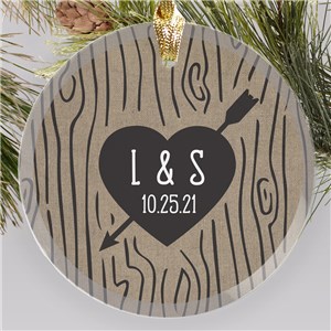 Engraved Initials Heart Carved Tree Colored Round Glass Ornament