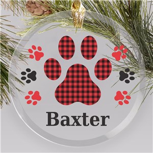 Personalized Gingham Paw Round Glass Ornament