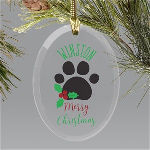 Personalized Merry Christmas Paw Mistletoe Glass Ornament