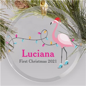 Personalized Christmas Flamingo Round Glass Ornament