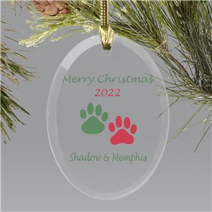 Personalized Merry Christmas Paw Prints Oval Glass Ornament