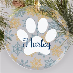 Personalized Paw & Snowflakes Round Glass Ornament