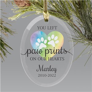 Personalized Rainbow Heart with Paw Prints Glass Ornament