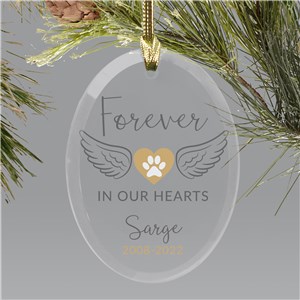 Personalized Memorial Heart with Paw and Wings Glass Ornament