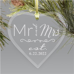 Engraved Mr and Mrs with flourish and date Heart Ornament