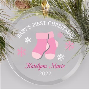 Personalized Baby's First Christmas Socks and Snowflakes Round Ornament