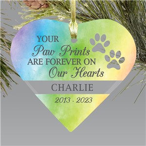 Personalized Paw Prints on Our Hearts Rainbow Glass Heart Ornament