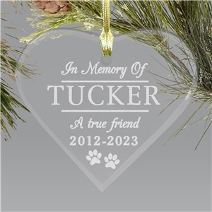 Engraved In Memory Of with Paw Prints Glass Heart Ornament