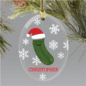 Personalized Pickle with Santa Hat Glass Ornament