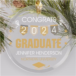 Personalized Gold and Grays Graduate Round Glass Ornament