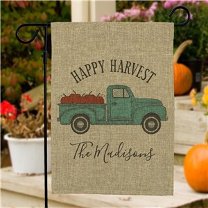 Personalized Happy Harvest Truck Burlap Garden Flag