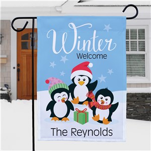 Personalized Winter Welcome With Penguins Garden Flag