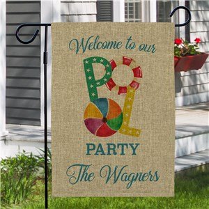 Personalized Welcome to our Pool Party Burlap Garden Flag 