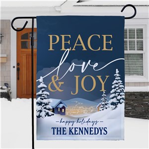 Personalized Peace Love and Joy with Winter Town Garden Flag