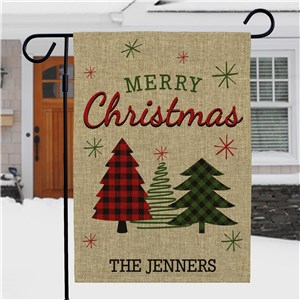Personalized Merry Christmas with Plaid Trees Burlap Garden Flag