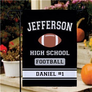 Personalized Brown and White Football on Black Garden Flag
