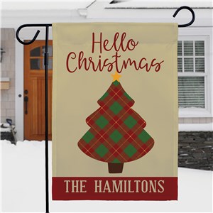 Personalized Hello Christmas with Plaid Tree Garden Flag