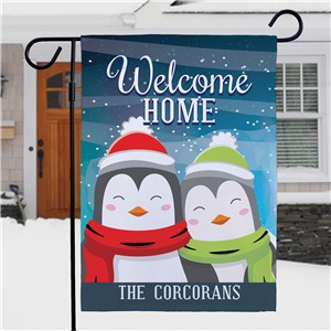 Personalized Welcome Home Christmas Penguins Garden Flag