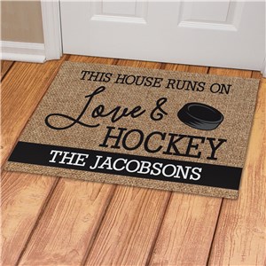 Personalized This House Runs on Love and Hockey Doormat