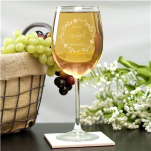 Engraved Floral Wreath Wedding Party White Wine Glass