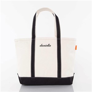 Embroidered Script Name White Canvas Tote Black White