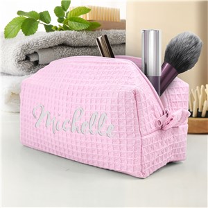 Embroidered Name White Thread Pink Bag Waffle Weave Cosmetic Bag - Light Pink