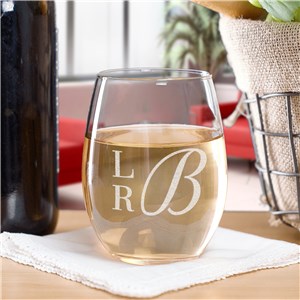 Engraved Stacked Monogram Stemless Wine Glass