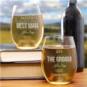 Engraved Wedding Party Stemless Wine Glass