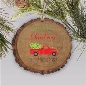 Personalized Merry Christmas Red Truck Wood Ornament