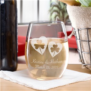 Personalized Shamrock Hearts Stemless Wine Glass