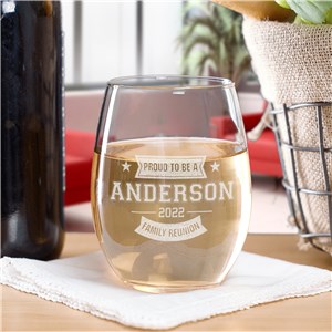 Engraved Family Reunion with Stars and Banners Stemless Wine Glass