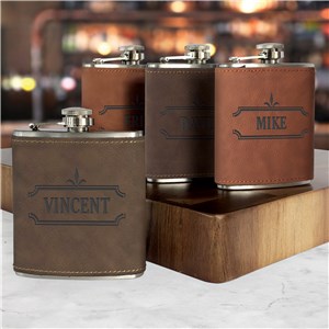 Engraved Ornate Border With Name Leatherette Flask