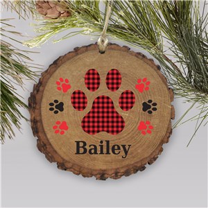 Personalized Gingham Paw Wood Round Ornament