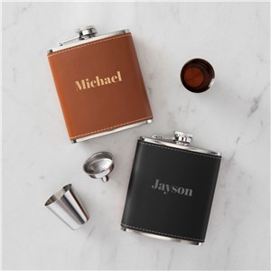 Engraved Any Name Leather Flask Set