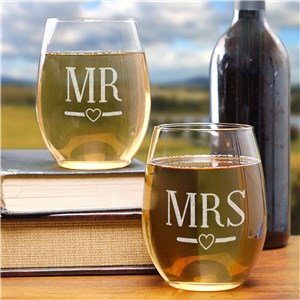 Engraved Mr and Mrs with line and heart Stemless Wine Glass SET of 2