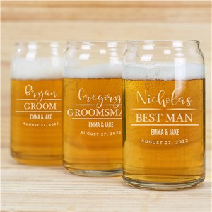 Engraved Wedding Party with Script Beer Can Glass