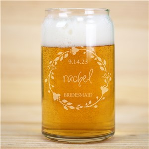 Engraved Floral Wreath Wedding Party Beer Can Glass