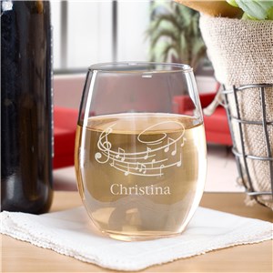 Engraved Music Icons with Name Stemless Wine Glass