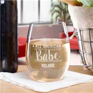 Engraved All American Babe Stemless Wine Glass