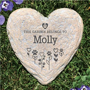 Engraved This Garden belongs to Paw and heart flowers Large Heart Shaped Garden Stone