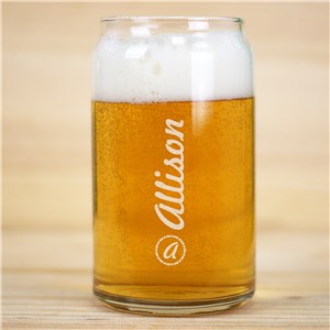 Engraved Circle around Initial Script Beer Can Glass