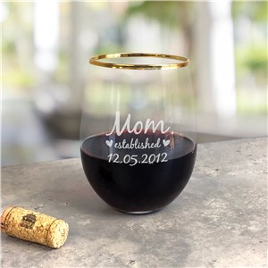 Engraved Mom Established Gold Rim Stemless Wine Glass