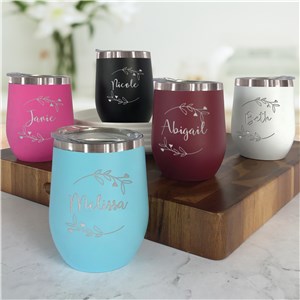 Engraved Leafy Floral Wreath Stemless Wine Tumbler