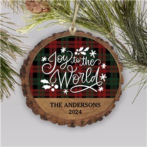 Personalized Joy to the World Plaid Wood Ornament