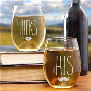 Engraved His & Hers Stemless Wine Glasses Set