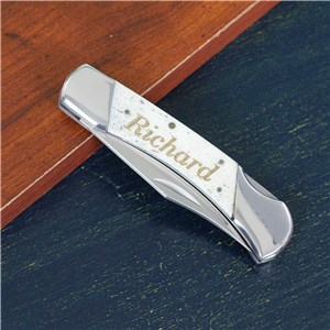Engraved White Bone Folding Knife
