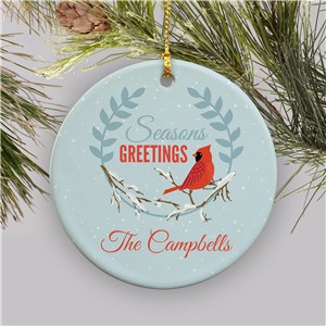 Personalized Seasons Greetings Cardinal Round Ornament