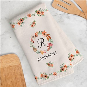 Personalized Watercolor Floral Wreath Dish Towel